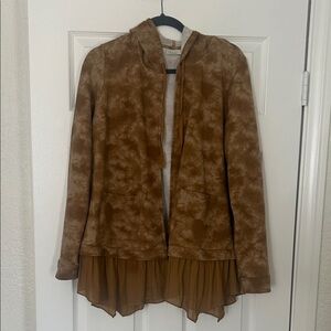 LOGO by Lori Goldstein Tan and Gold Tie-Dye Jacket with Sheer Hem